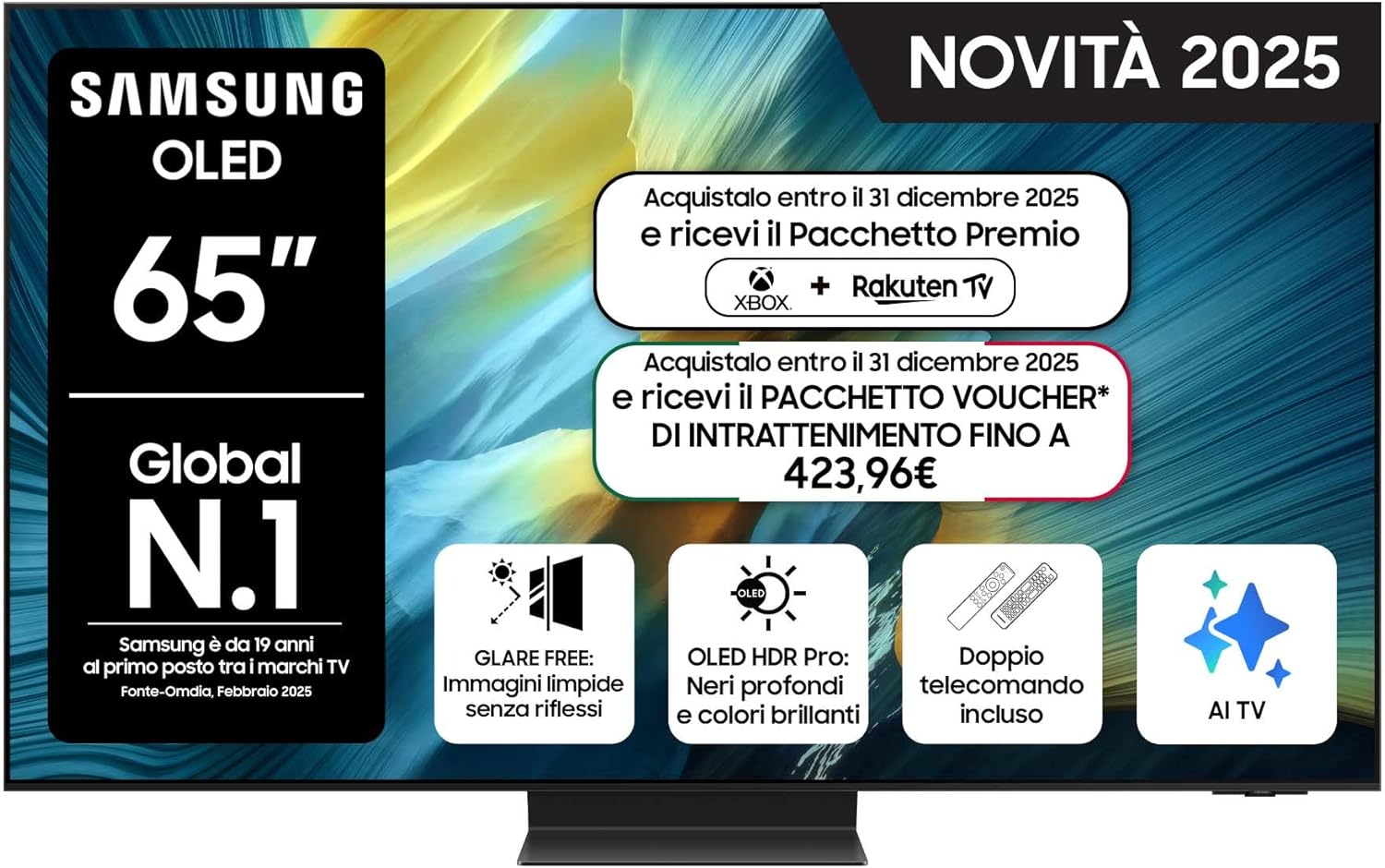 OLED 4K Vision AI Smart TV 65'' QE65S95FAEXZT, NQ4 AI Gen4 Processor, 4K AI Upscaling, Glare Free, Dolby Atmos & OTS+, Infinity One Design, Entertainment Package, 2025