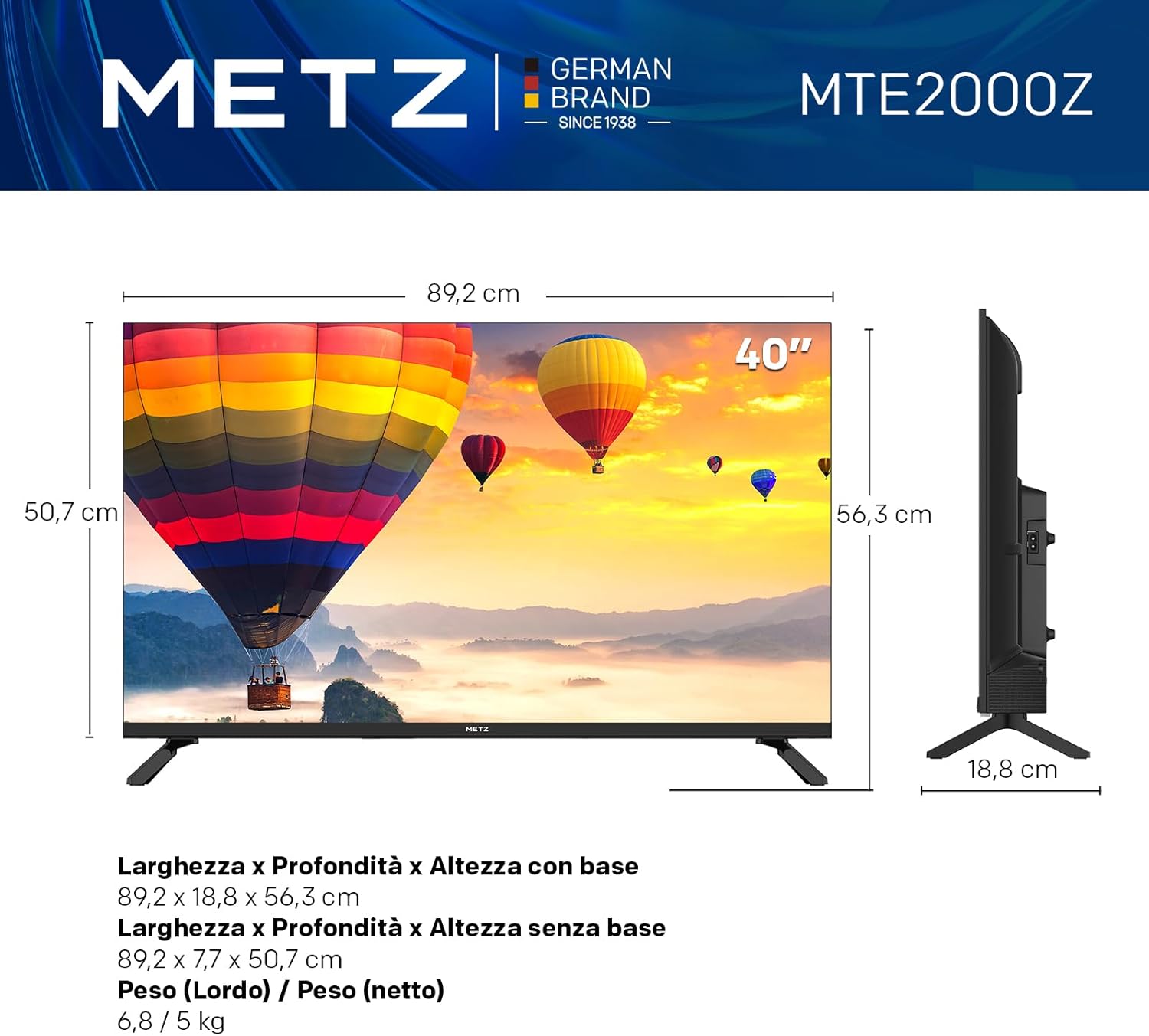 Metz MTE2000Z TV, 40 Inch, FHD, TV, 1920x1080, Dolby Digital, Direct LED, Borderless Design, HDMI, USB, DVB-T/T2, DVB-C, DVB-S/S2 CI+