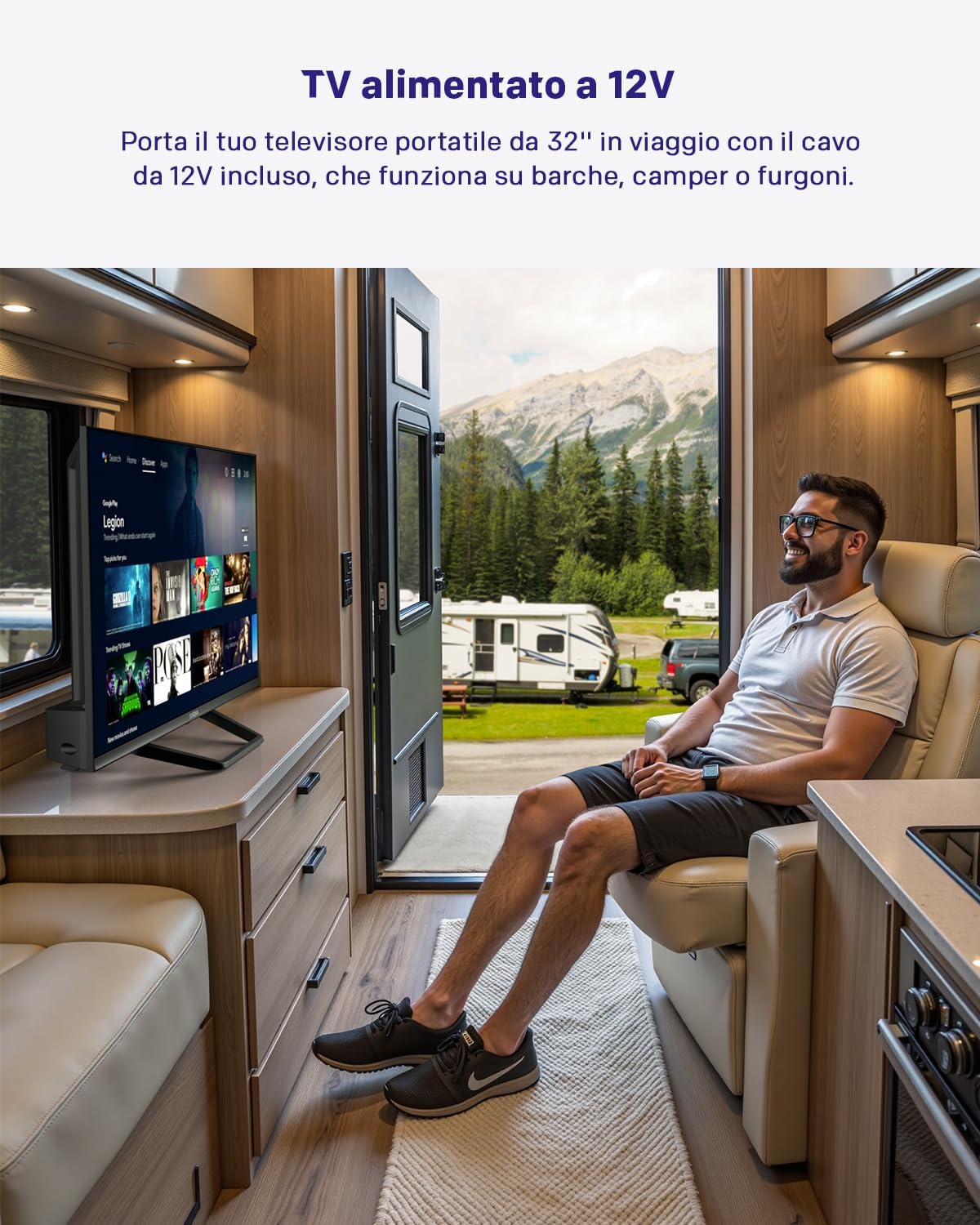 Strong SRT32HG4723C 32'' TV HD - DVB-S2/C/T2, 12V Ideal for Camper, Kitchen, Bedroom, or Boat, 2 HDMI Ports (1 ARC) + 1 USB Port + Mini-AV + Antenna/Satellite Input - Black