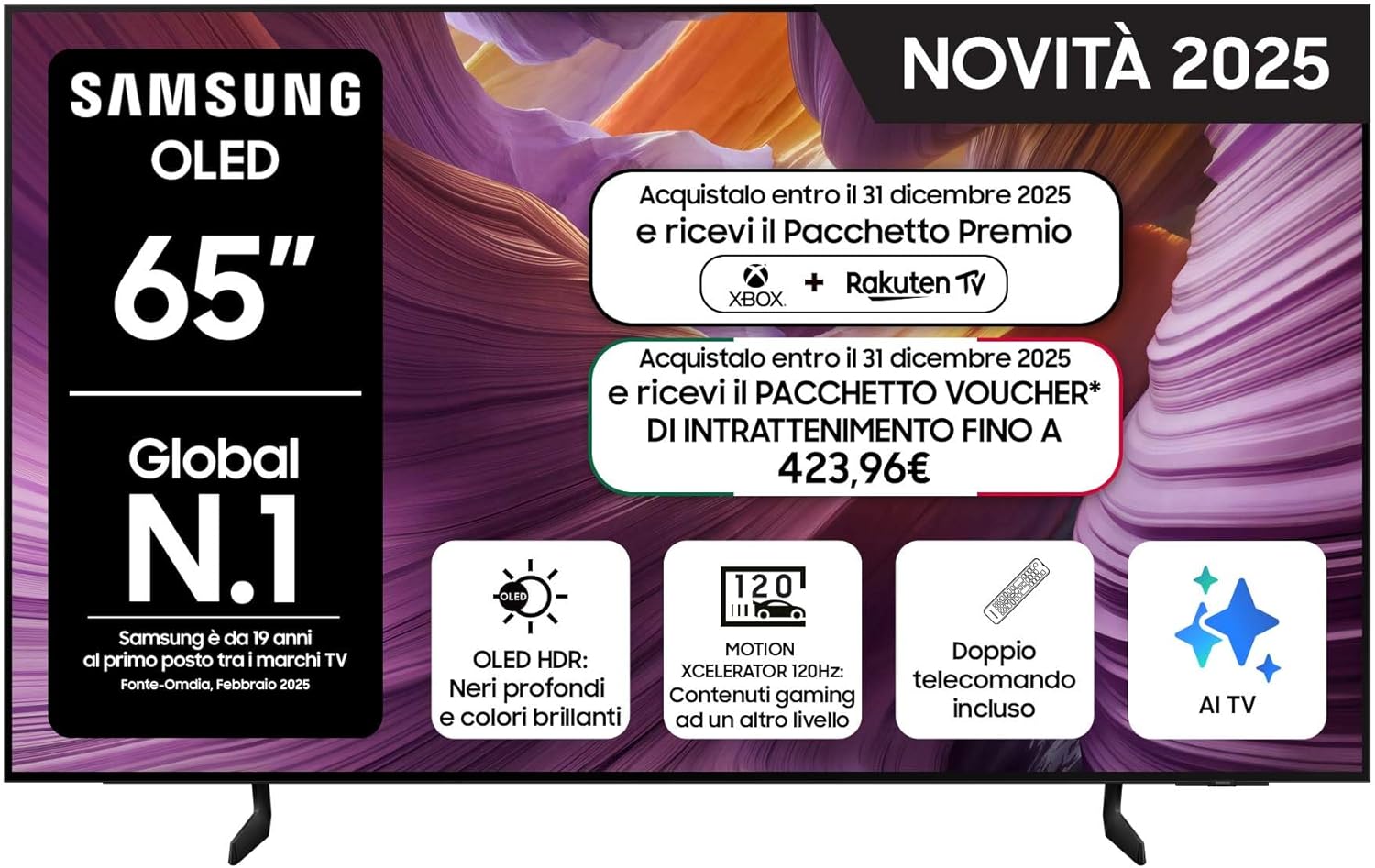 OLED 4K Vision AI Smart TV 65'' QE65S85FAEXZT, NQ4 AI Gen2 Processor, 4K AI Upscaling, Glare Free, Dolby Atmos & OTS Lite, Contour Design, Entertainment Package, 2025