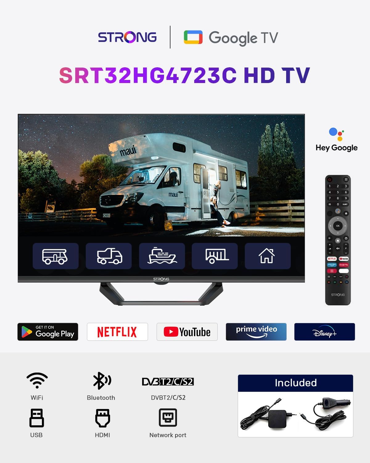 Strong SRT32HG4723C 32'' TV HD - DVB-S2/C/T2, 12V Ideal for Camper, Kitchen, Bedroom, or Boat, 2 HDMI Ports (1 ARC) + 1 USB Port + Mini-AV + Antenna/Satellite Input - Black