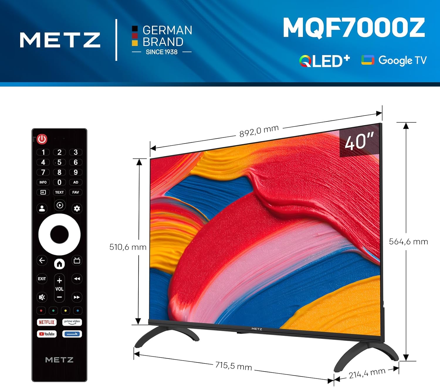 METZ QLED 40 Inch Smart TV FHD MQF7000Z, HDR10, Dolby Audio, Low Blue Light, Google TV, Googlecast, Tuner DVB-T/T2/C/S/S2/Analog