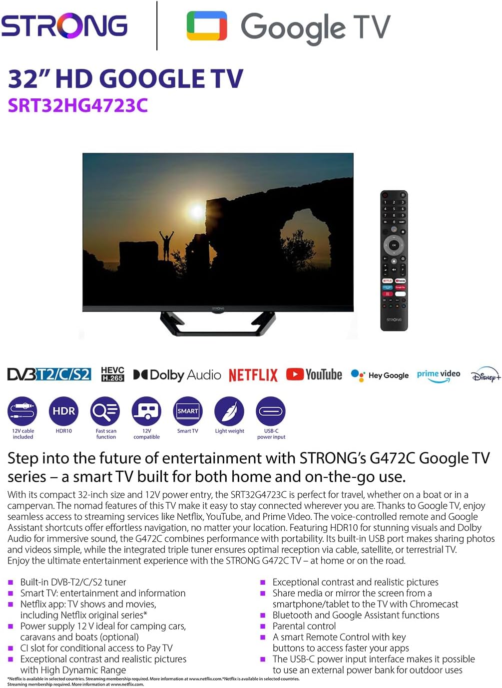 Strong SRT32HG4723C 32'' TV HD - DVB-S2/C/T2, 12V Ideal for Camper, Kitchen, Bedroom, or Boat, 2 HDMI Ports (1 ARC) + 1 USB Port + Mini-AV + Antenna/Satellite Input - Black