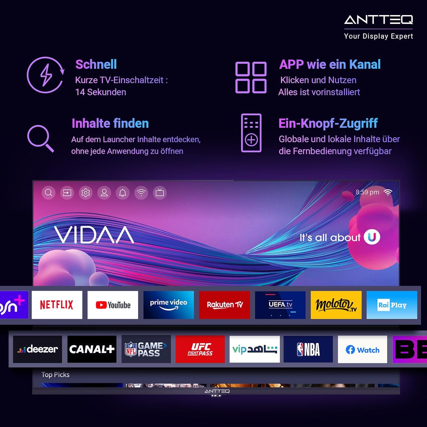 AV42F3 Smart TV 42 Inch (106 cm) TV with Prime Video, Youtube, Wi-Fi, Triple-Tuner DVB-T2 / S2 / C