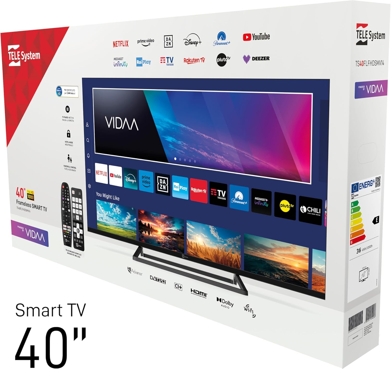 TELE System Smart TV 40 Inch Full HD LED Frameless, tivùsat CAM Certified, HbbTV, HDR10 HLG, powered by VIDAA, Dual Remote Control Included