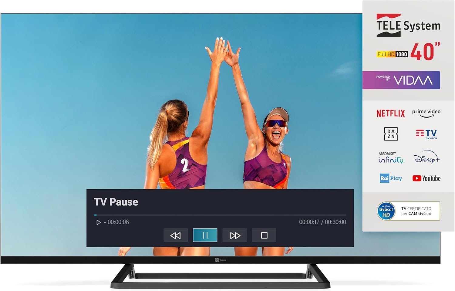 TELE System Smart TV 40 Inch Full HD LED Frameless, tivùsat CAM Certified, HbbTV, HDR10 HLG, powered by VIDAA, Dual Remote Control Included