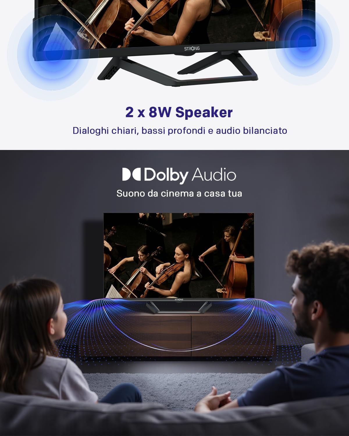 Strong SRT32HG4723C 32'' TV HD - DVB-S2/C/T2, 12V Ideal for Camper, Kitchen, Bedroom, or Boat, 2 HDMI Ports (1 ARC) + 1 USB Port + Mini-AV + Antenna/Satellite Input - Black